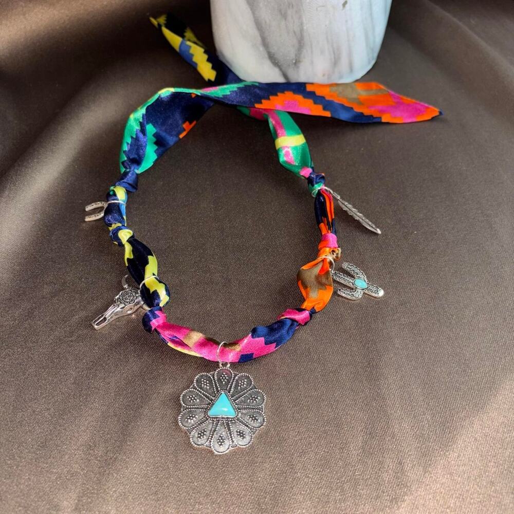 Western silk ribbon necklace with charms